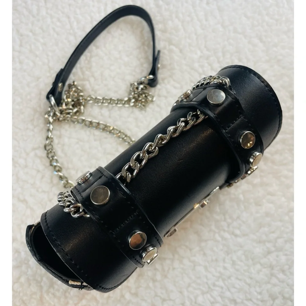 ZARA • Black/Cream Faux Leather and Canvas Studded Mini Chainlink Crossbody Bag - Picture 8 of 16